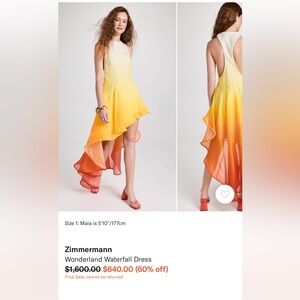 Zimmermann wonderland waterfall high low dress size 0 orange and yellow